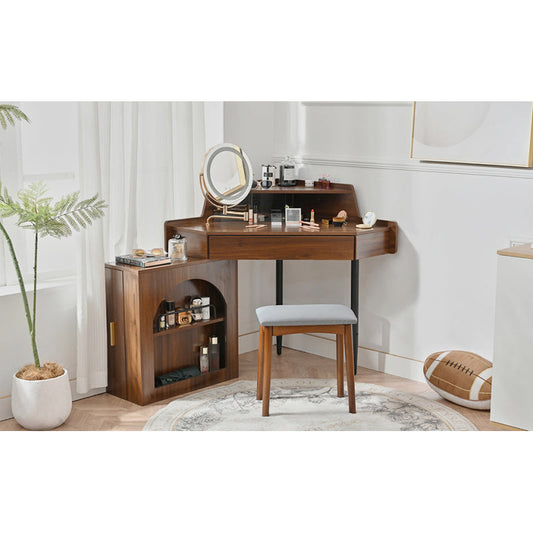 Modern Walnut Corner Vanity Set for Small Spaces, LED Mirror