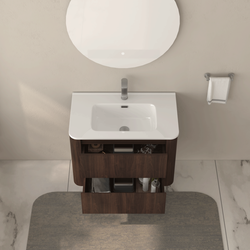 Dark Walnut 30" Floating Bathroom Vanity, Integrated Sink