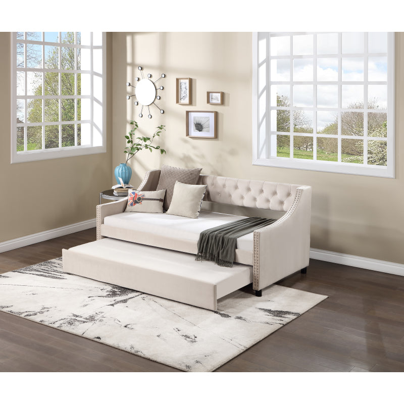 Classic Tufted Daybed w/ Trundle for Guest Room, Full, Beige