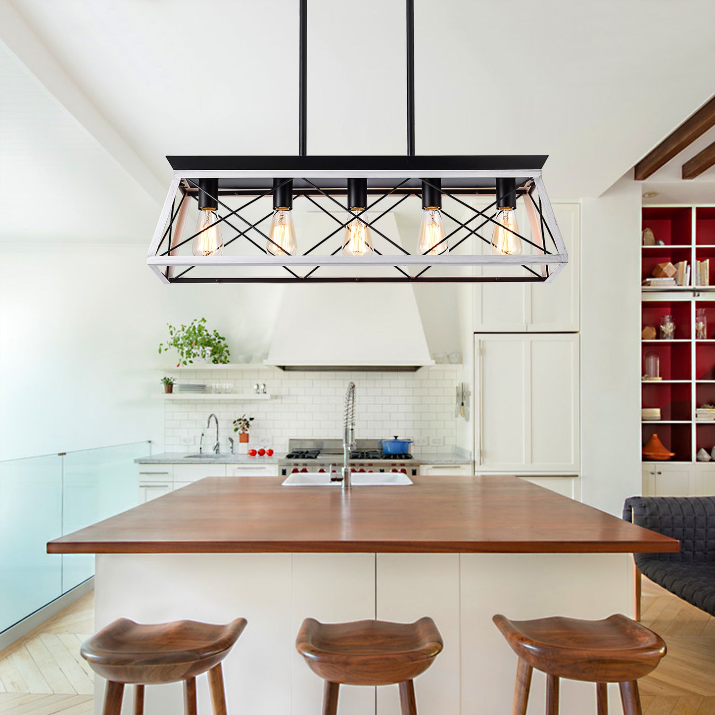 Modern Industrial 5-Light Pendant for Dining with Metal Cage