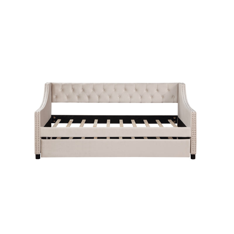 Classic Tufted Daybed w/ Trundle for Guest Room, Full, Beige