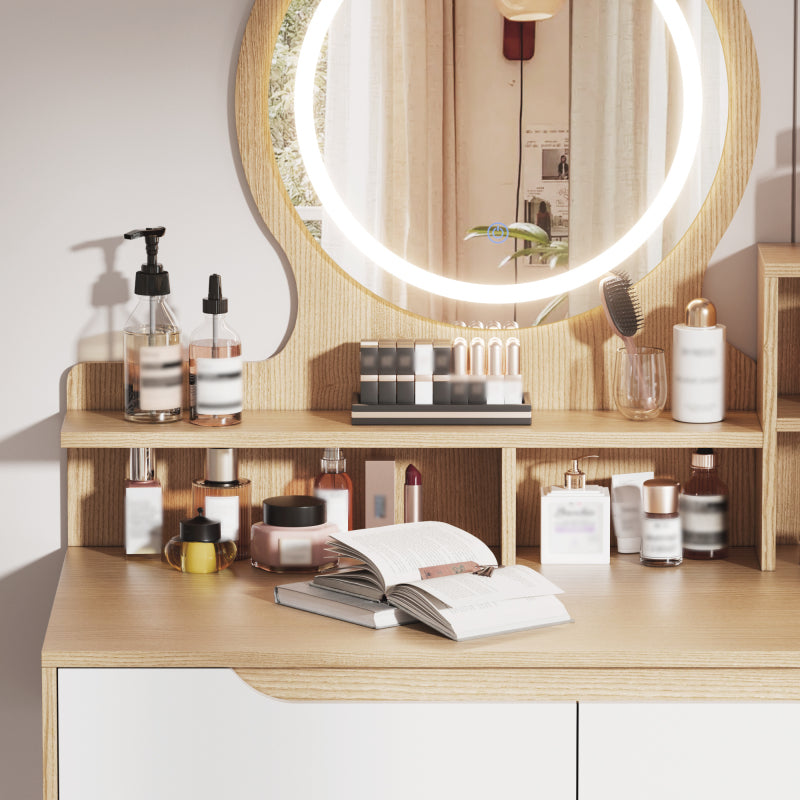 Modern Makeup Vanity for Small Bedrooms, Tri-Fold LED Mirror