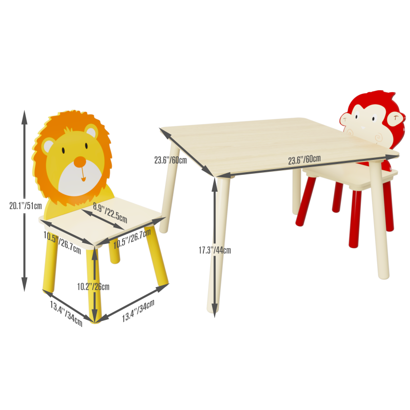 Wooden Kids Table & 2 Chairs for Playroom, Lion & Monkey
