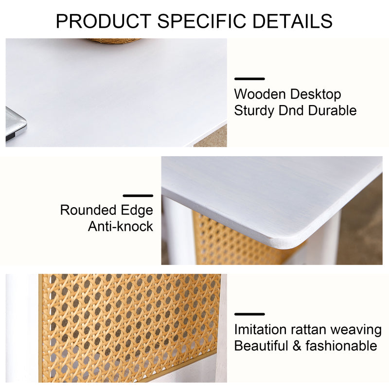 Asian-Style White Solid Wood Coffee Table, Faux Rattan Legs