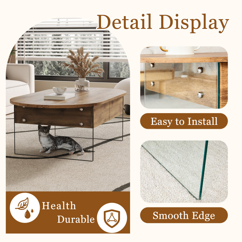 Natural Oval Coffee Table, Living Room, Glass Sides, Drawers
