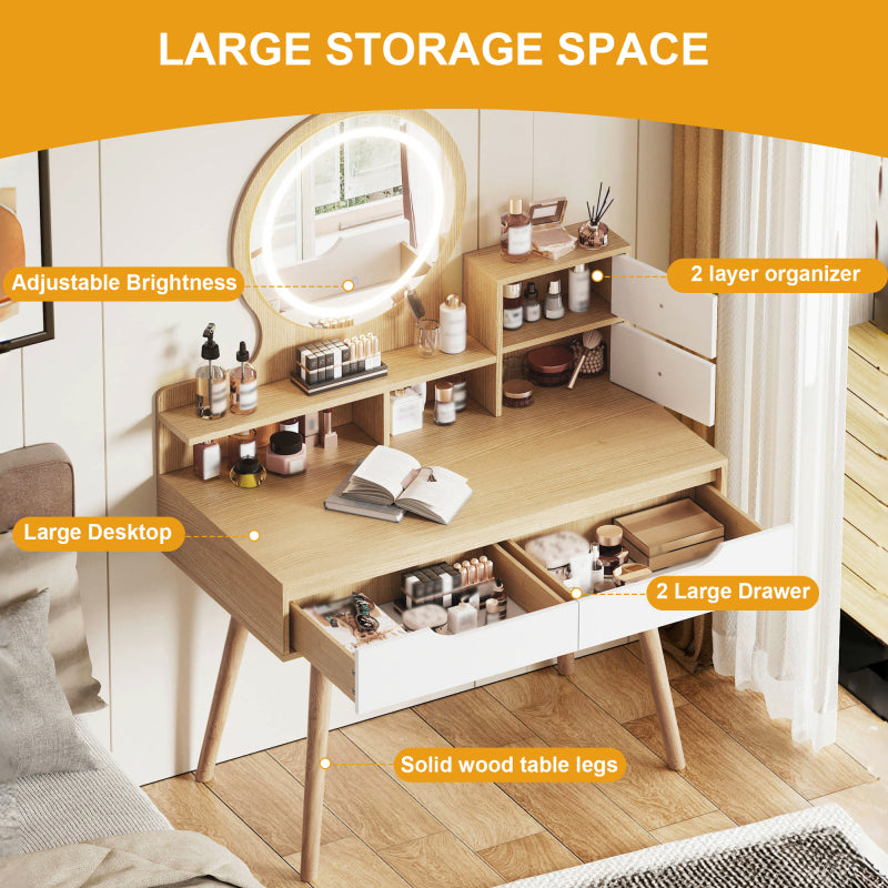 Modern Makeup Vanity for Small Bedrooms, Tri-Fold LED Mirror