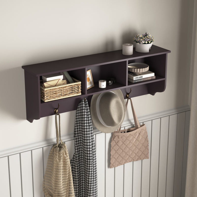 Espresso Wall-Mount Coat Rack Shelf, Entryway, 4 Dual Hooks