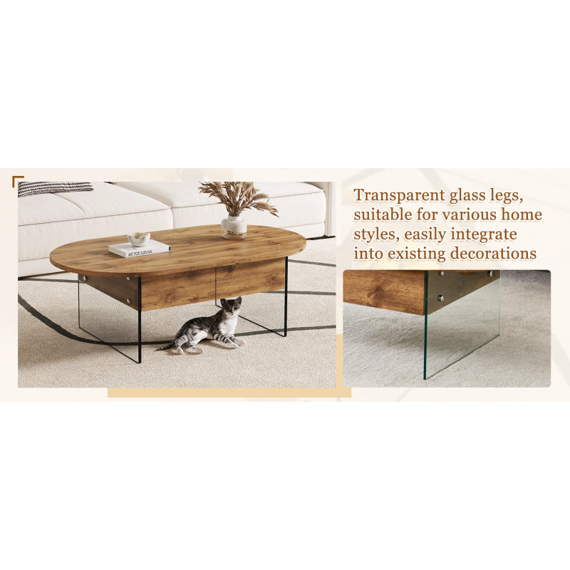 Natural Oval Coffee Table, Living Room, Glass Sides, Drawers