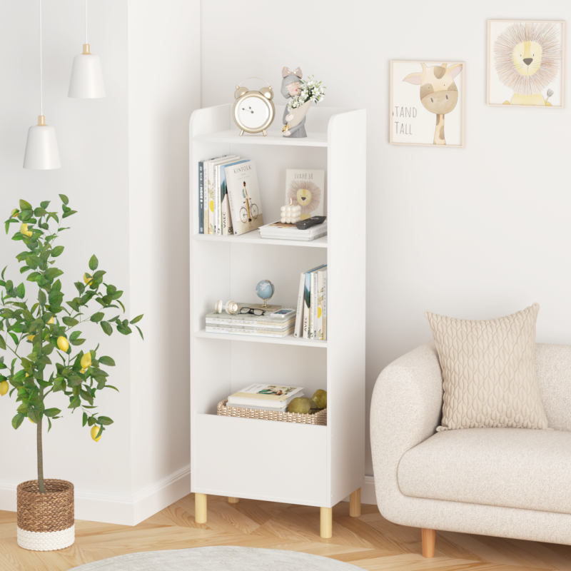 Modern 4-Tier Kids Bookcase for Playroom with Toy Storage