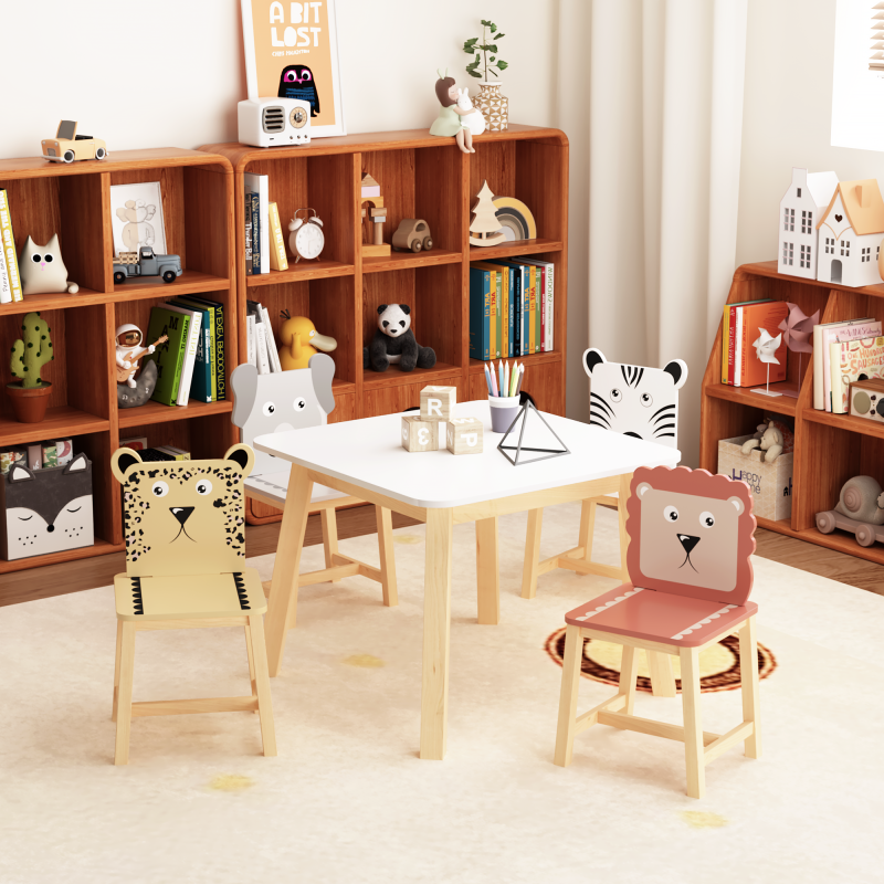 Playful Playroom Kids Table & 4 Animal Chairs, Spacious Top