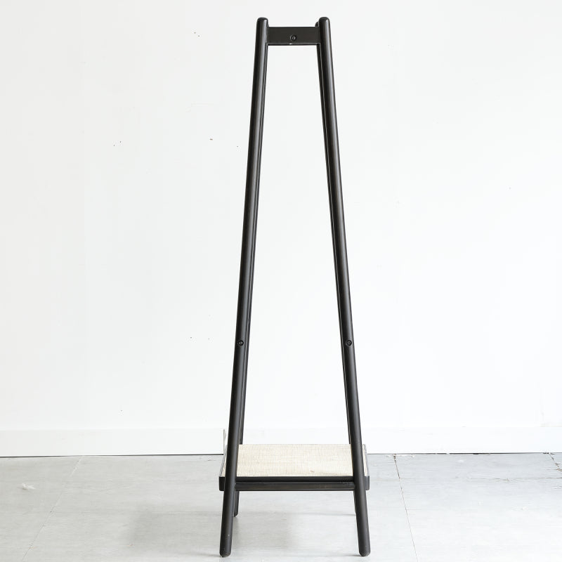 Boho Solid Oak Garment Rack for Entryway, Rattan Shelves