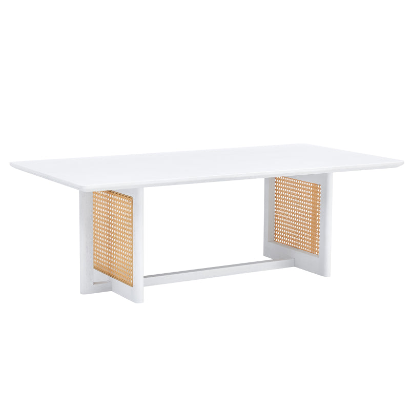 Asian-Style White Solid Wood Coffee Table, Faux Rattan Legs