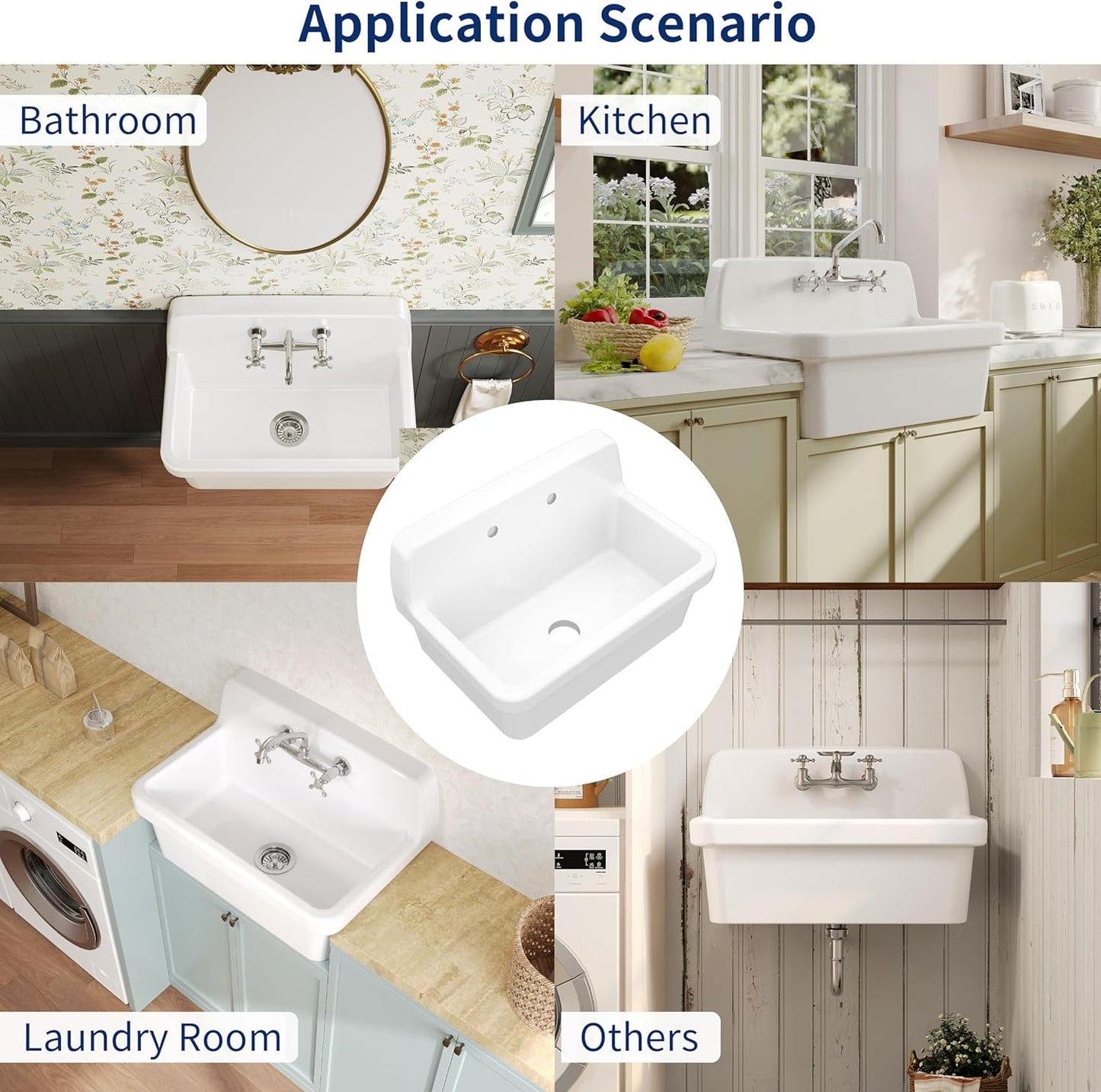 ELLAI Farmhouse Wall-Mount Laundry Sink, High-Back Ceramic