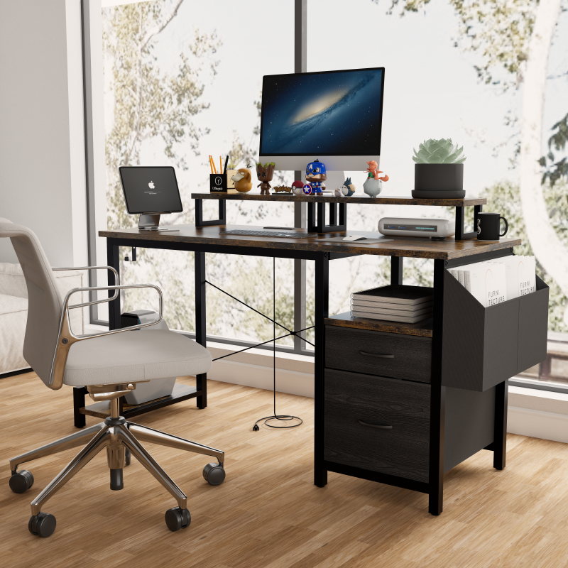 Rustic Brown Computer Desk for Home Office with Outlets
