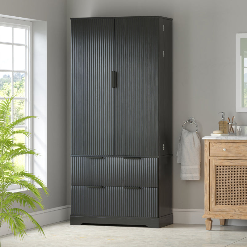 Modern Fluted Kitchen Pantry Cabinet, Drawers & Spice Racks