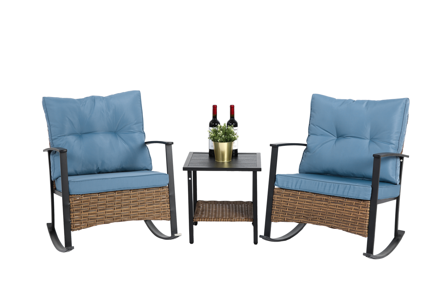 Wicker Patio Rocking Chair Set, 3-Pc, Blue, Compact