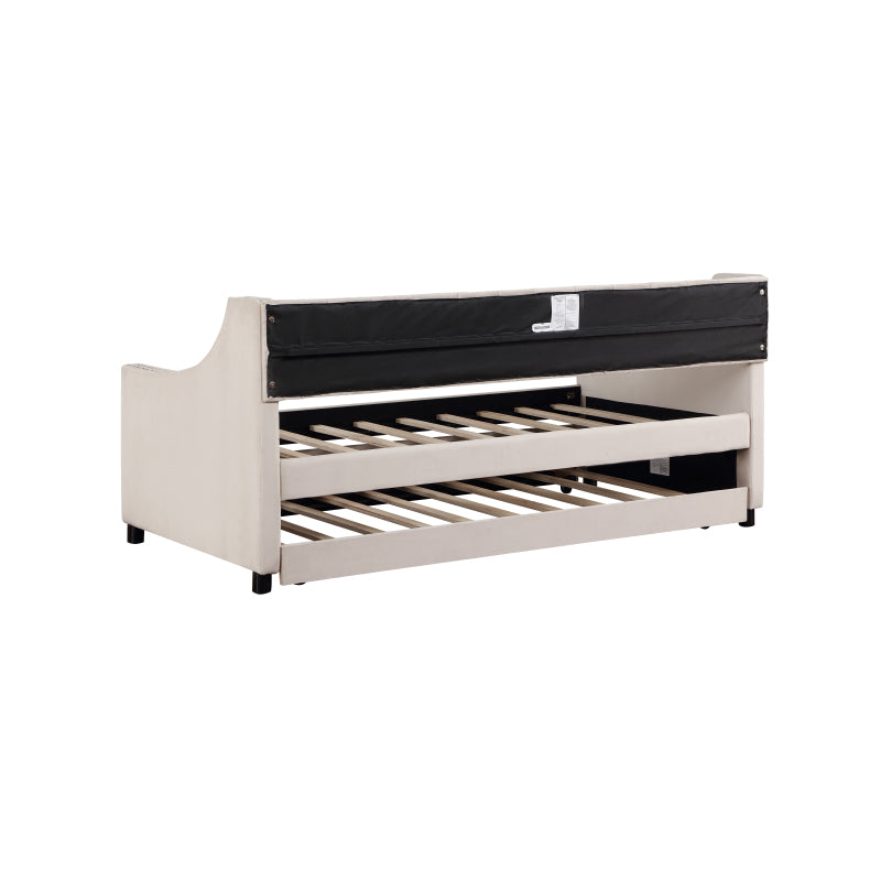 Classic Tufted Daybed w/ Trundle for Guest Room, Full, Beige