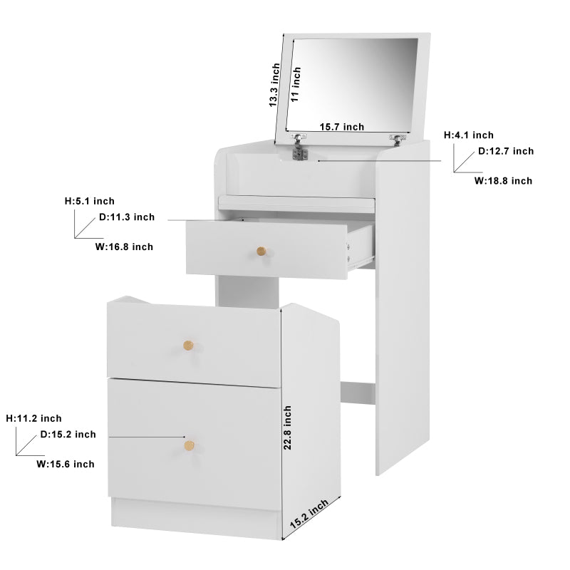 Compact Modern White Vanity Desk, Mirror & Chair for Bedroom