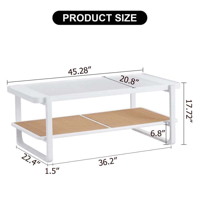 Modern White Coffee Table for Living Room, Glass Top, 2-Tier