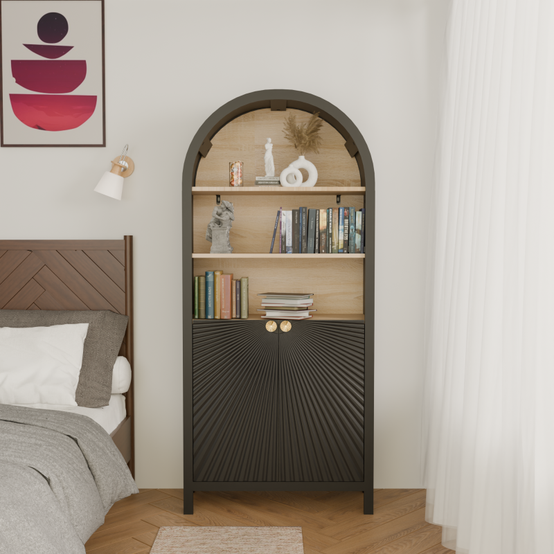 Mid-Century Tall Arched Bookcase with Door for Living Room