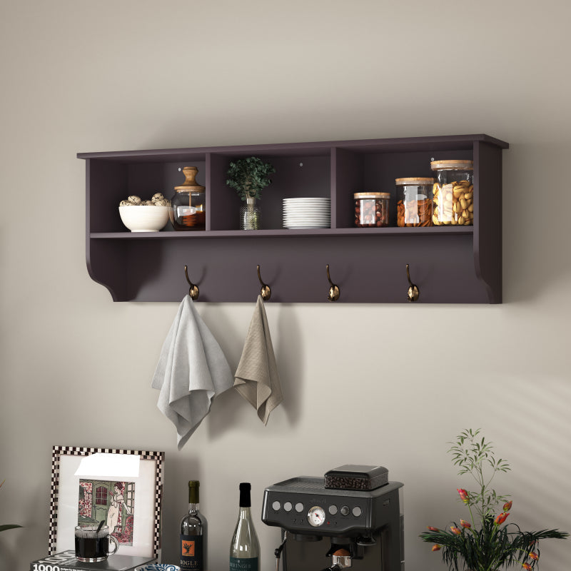 Espresso Wall-Mount Coat Rack Shelf, Entryway, 4 Dual Hooks