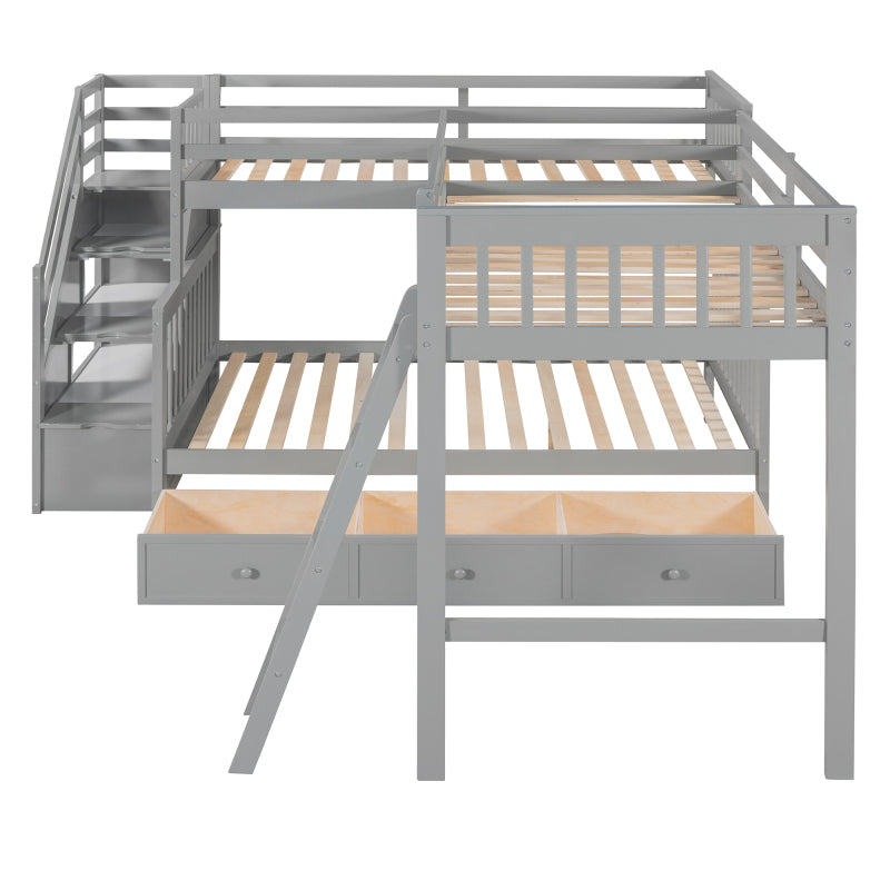 Modern L-Shaped Twin/Full Kids' Bunk with Stairs & Drawers