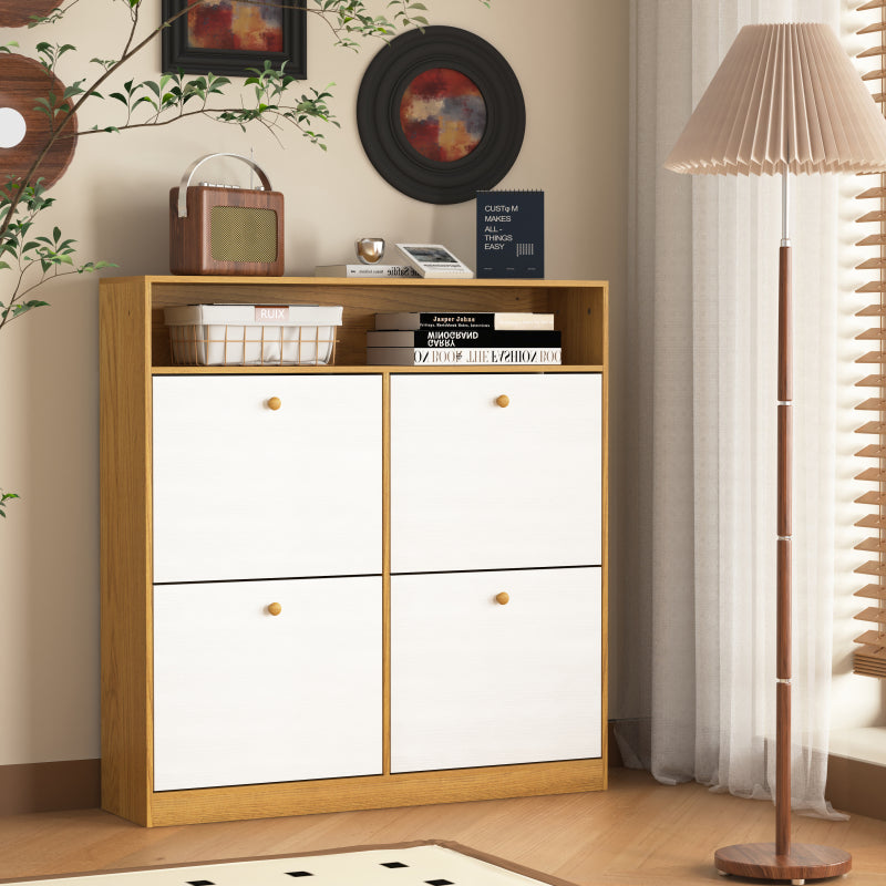 Modern Slim White Shoe Cabinet for Entryway, 3 Flip Drawers