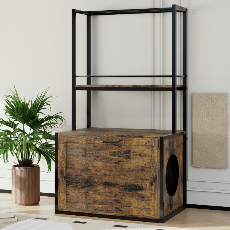 Rustic Brown Litter Box Cabinet for Home with Shelves & Rods