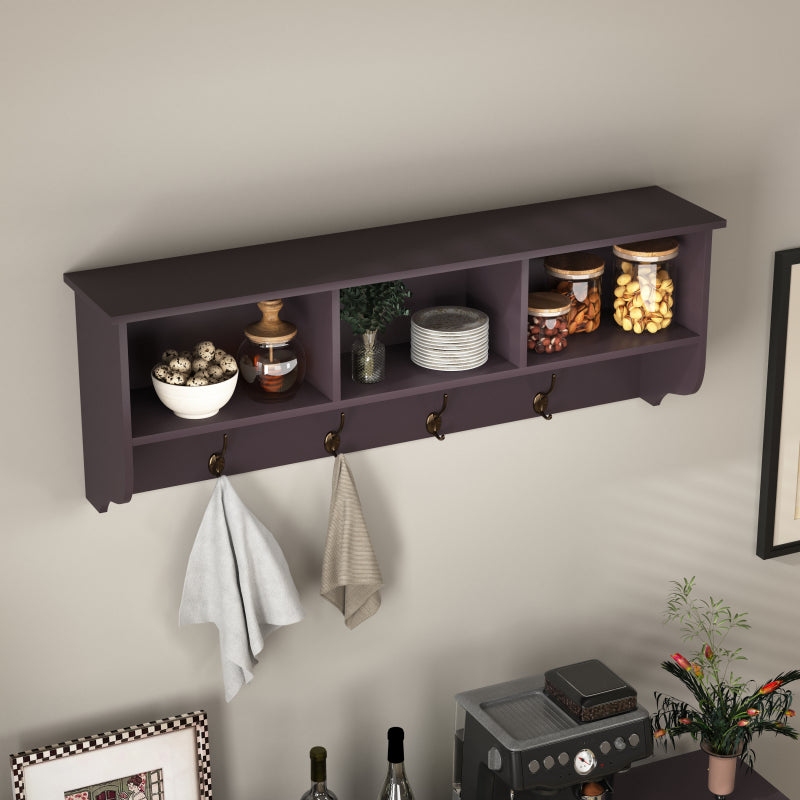 Espresso Wall-Mount Coat Rack Shelf, Entryway, 4 Dual Hooks