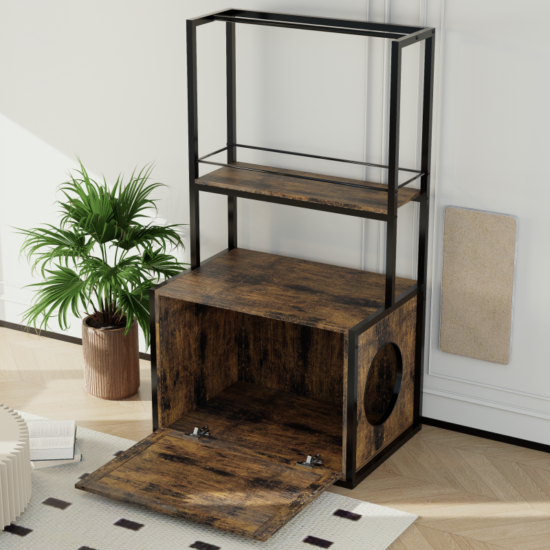 Rustic Brown Litter Box Cabinet for Home with Shelves & Rods