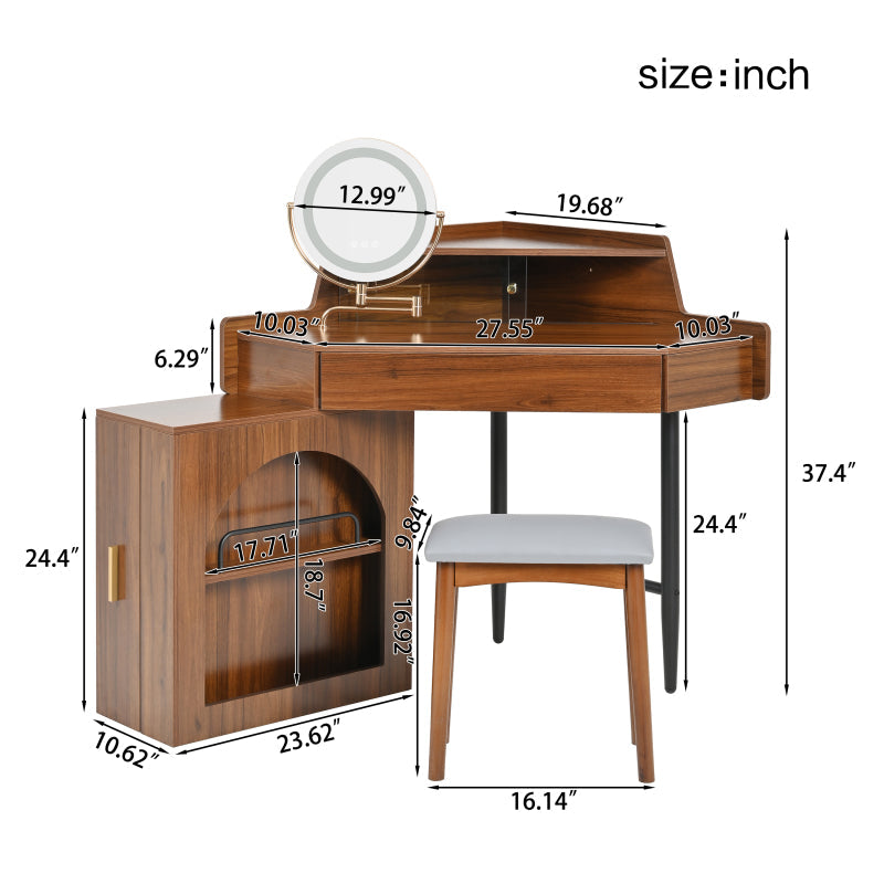 Modern Walnut Corner Vanity Set for Small Spaces, LED Mirror