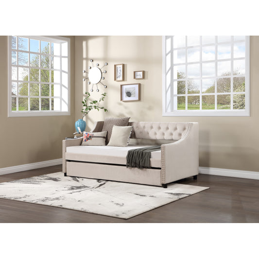 Classic Tufted Daybed w/ Trundle for Guest Room, Full, Beige
