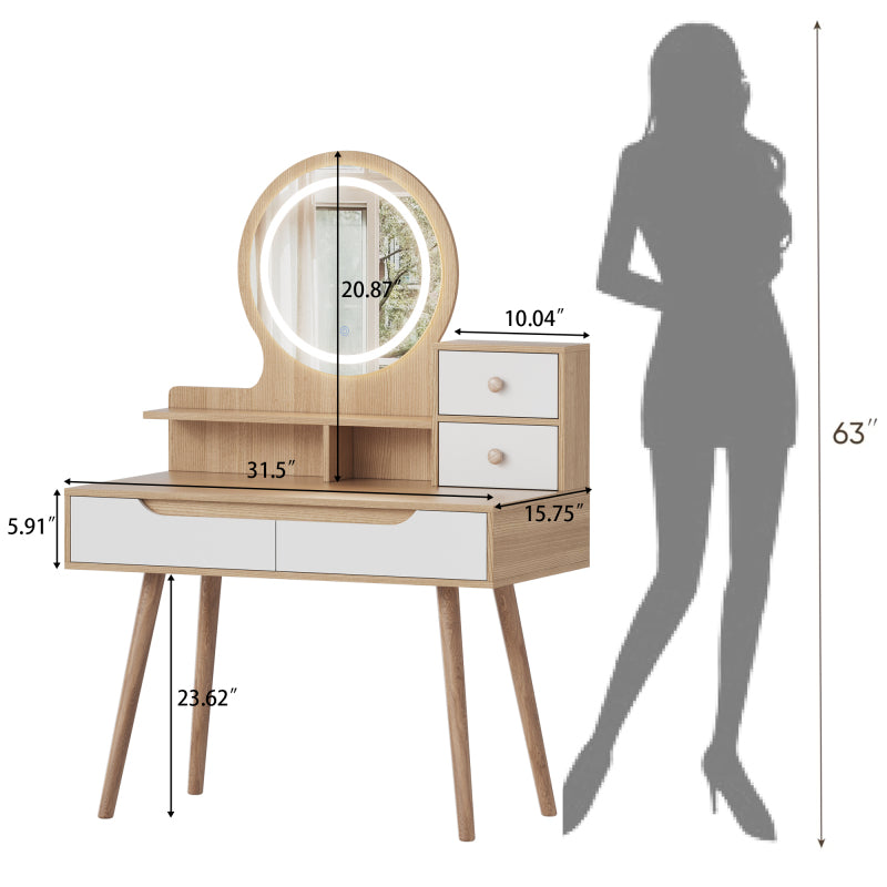 Modern Makeup Vanity for Small Bedrooms, Tri-Fold LED Mirror