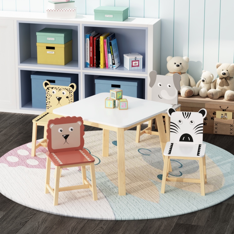 Playful Playroom Kids Table & 4 Animal Chairs, Spacious Top