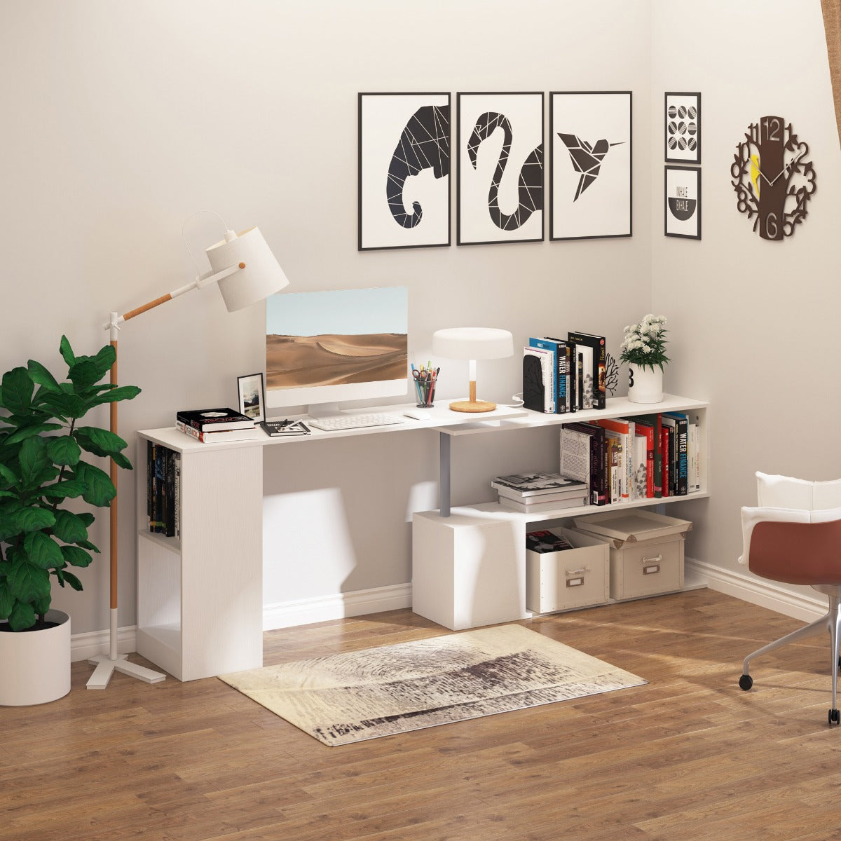 HOMCOM Modern L-Shaped Desk for Home Office, 360° Rotating