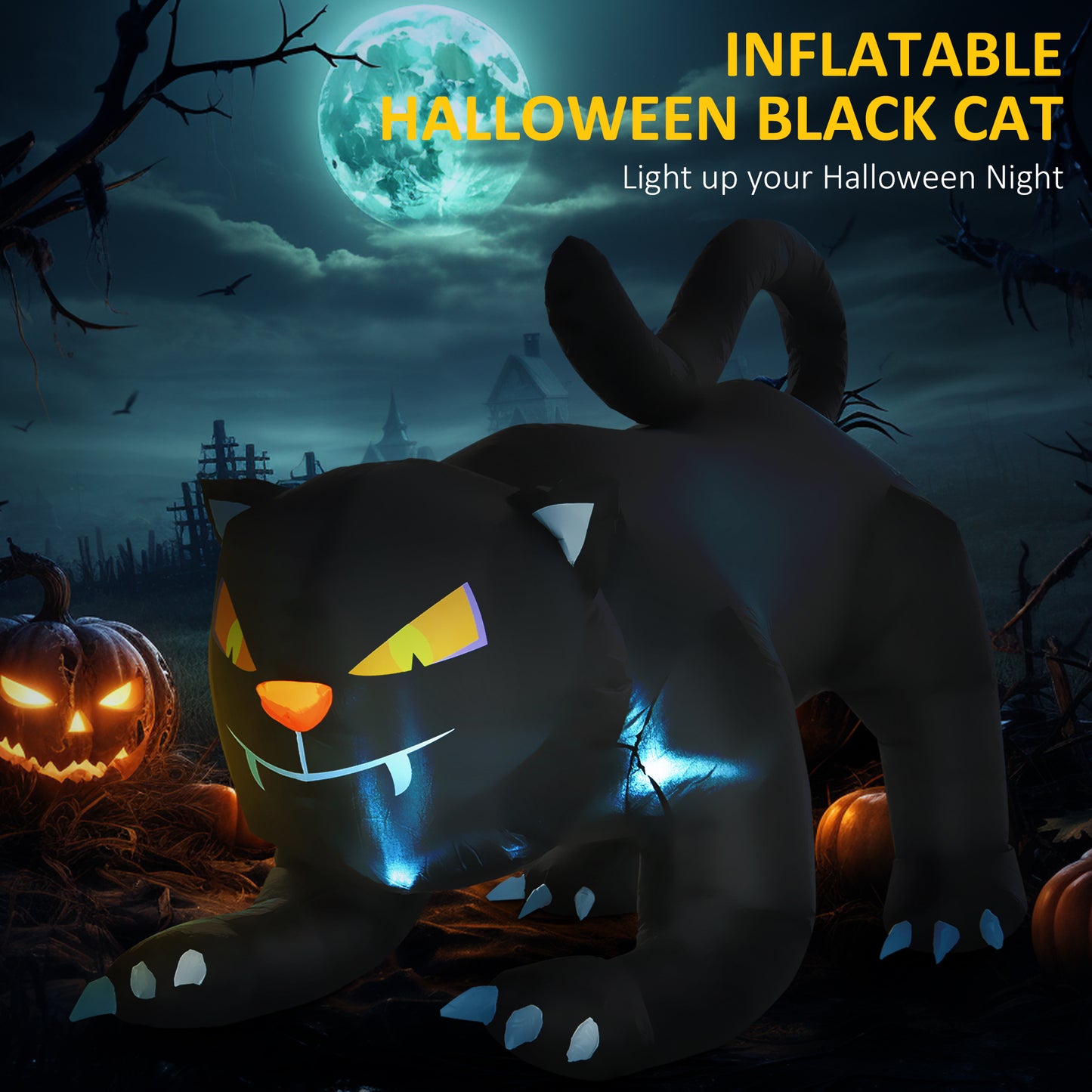 HOMCOM 6.2-Ft Halloween Black Cat Yard Inflatable, LED-Lit