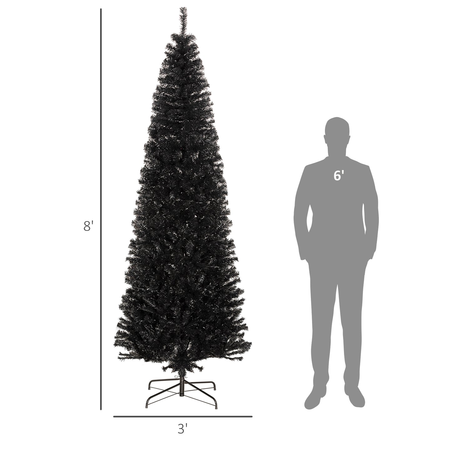 HOMCOM Black 8ft Pencil Christmas Tree for Holidays, Stand