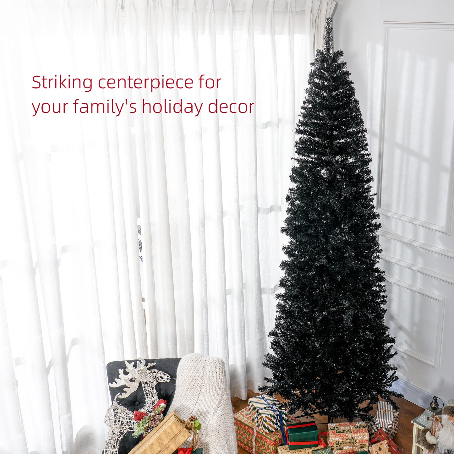 HOMCOM Black 8ft Pencil Christmas Tree for Holidays, Stand