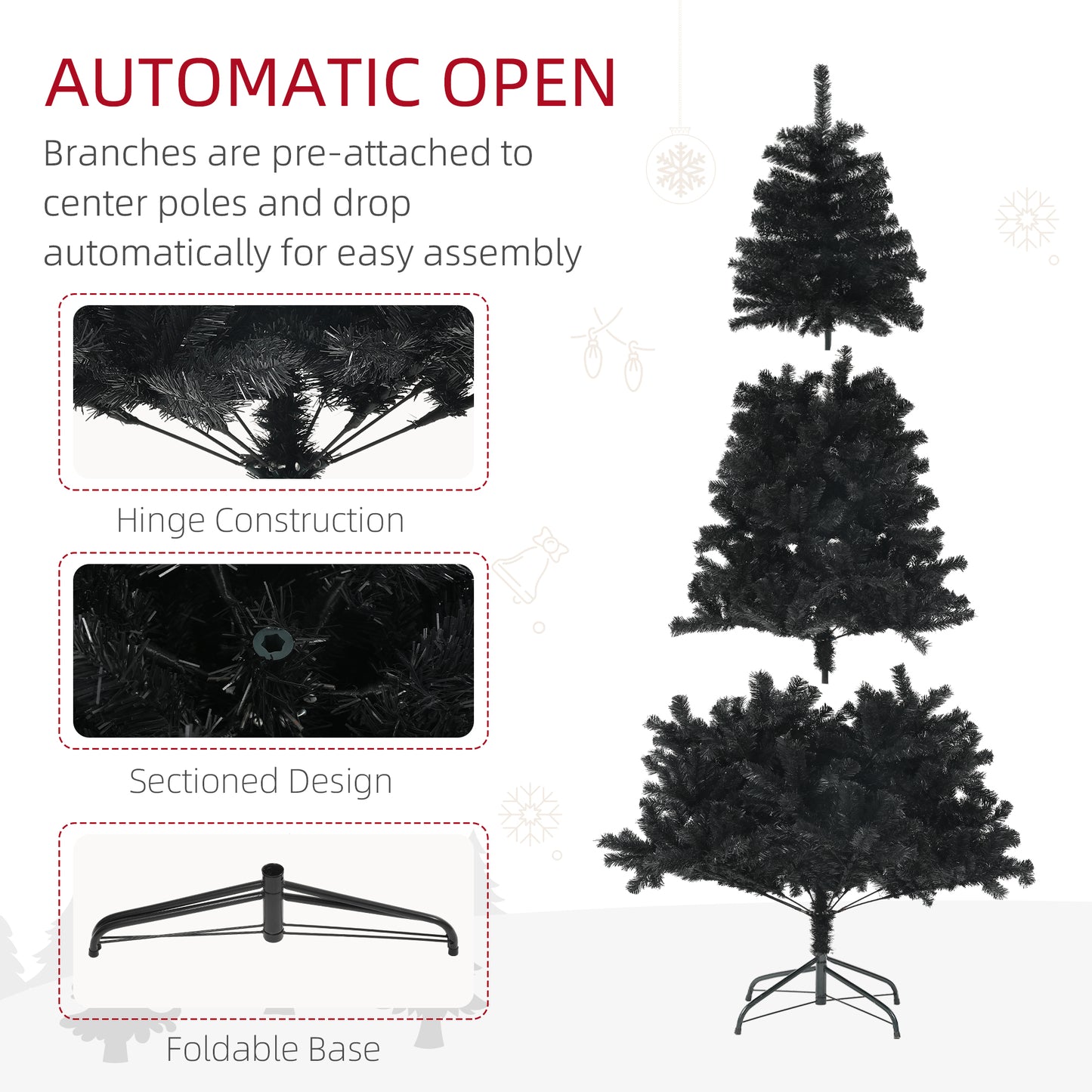 HOMCOM Black 6ft Christmas Tree for Holiday Decor, Auto-Open
