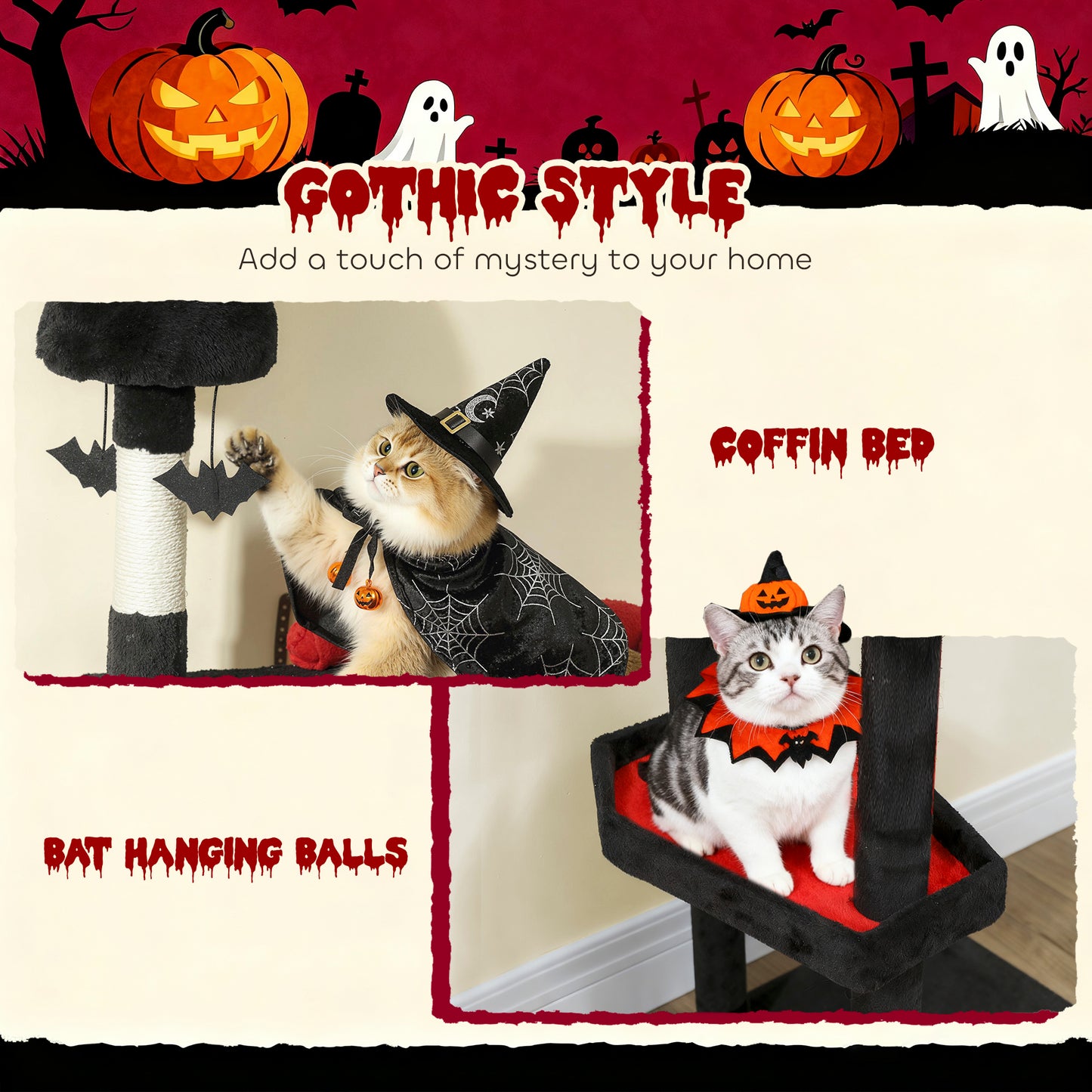 PawHut 78in Gothic Cat Tower, Home, Coffin Bed & Sisal Posts