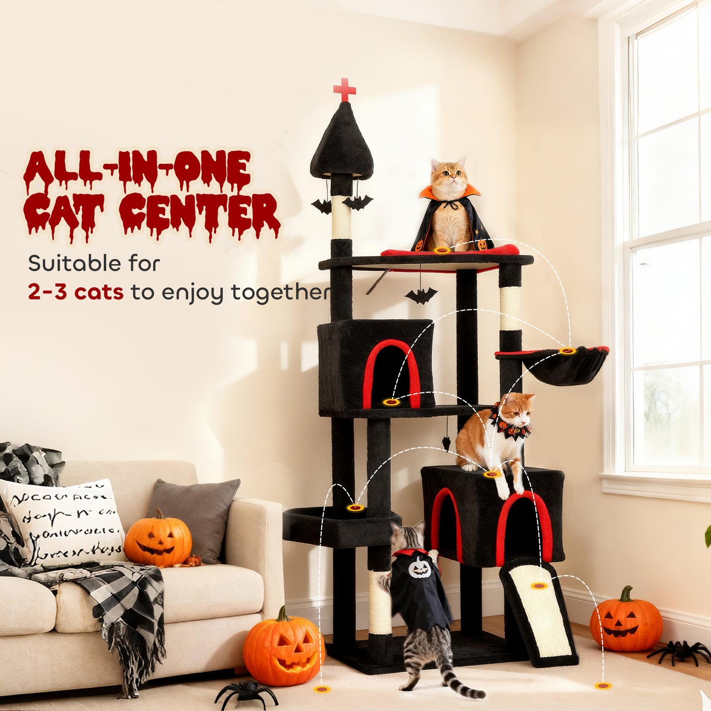 PawHut 78in Gothic Cat Tower, Home, Coffin Bed & Sisal Posts