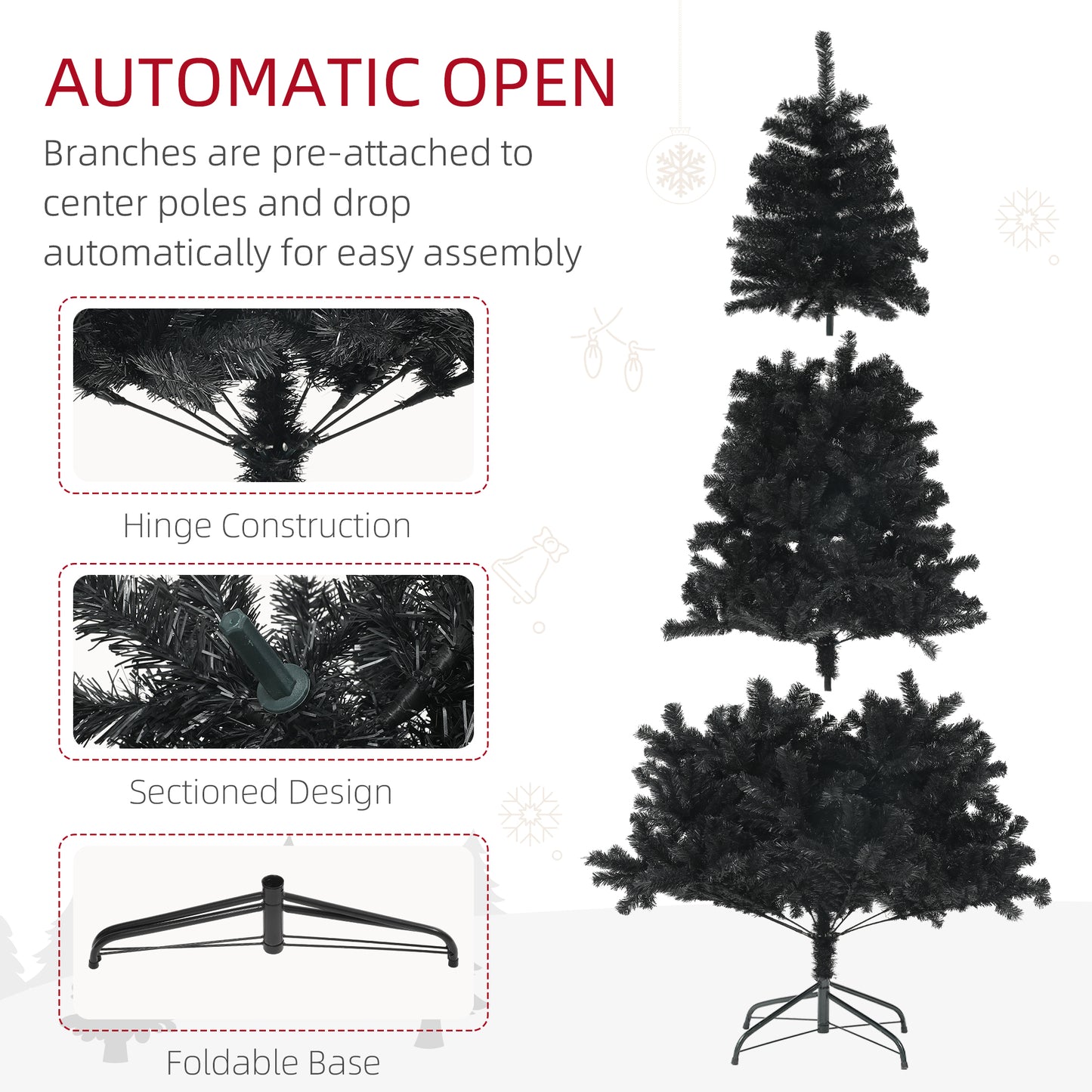 HOMCOM Black Christmas Tree 7.5ft Unlit Auto-Open Steel Base