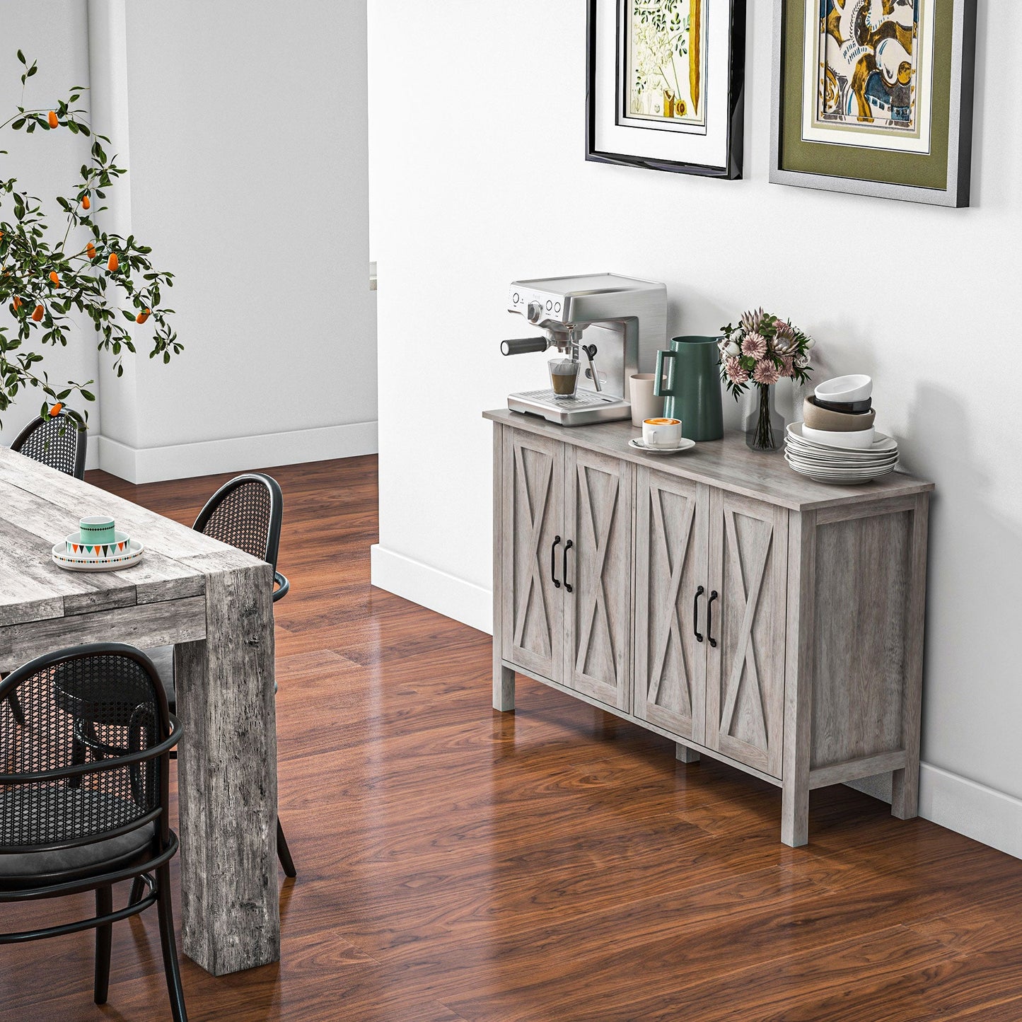 HOMCOM Farmhouse Buffet Cabinet for Dining Room, Barn Doors