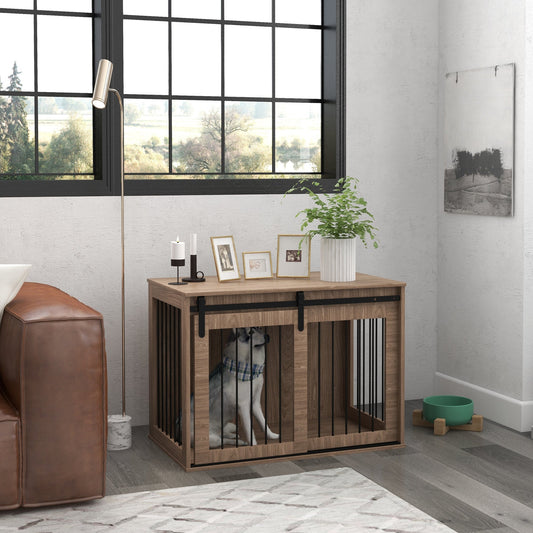 PawHut Brown Wood Dog Crate End Table for Home, Large Dogs