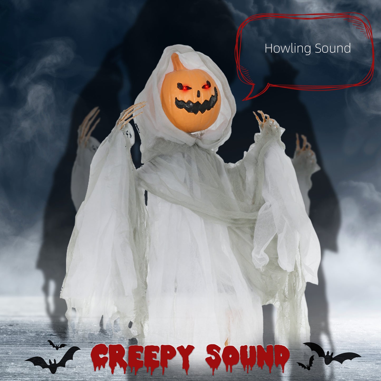 HOMCOM Spooky Hanging Pumpkin Ghost Outdoor Light & Sound