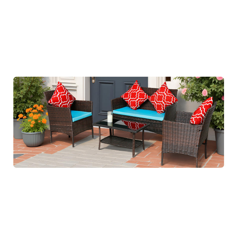 Modern Rattan 4-Piece Patio Sofa Set, Sapphire Blue Cushions