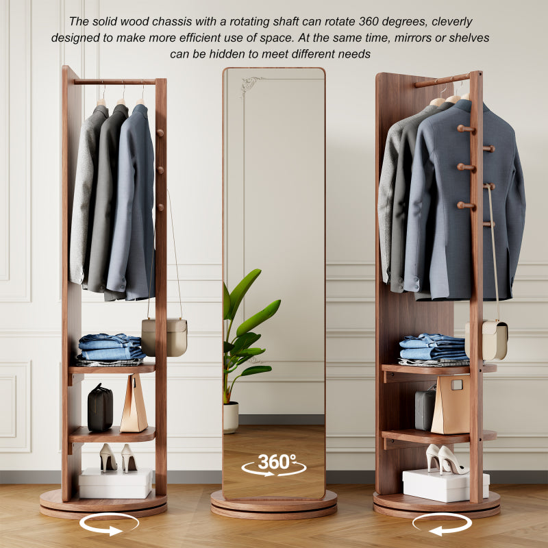 Solid Wood Walnut Floor Mirror for Entryway, 360° with Hooks
