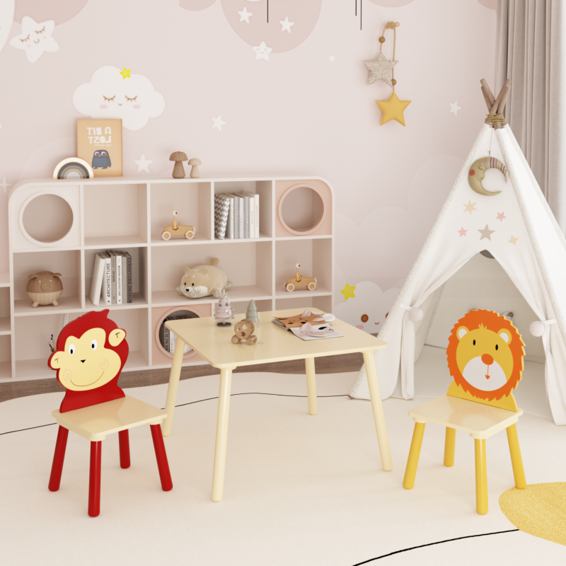 Wooden Kids Table & 2 Chairs for Playroom, Lion & Monkey
