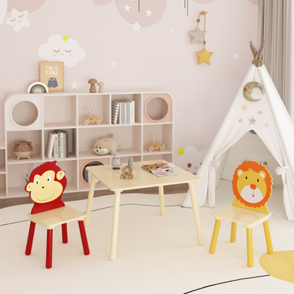 Wooden Kids Table & 2 Chairs for Playroom, Lion & Monkey