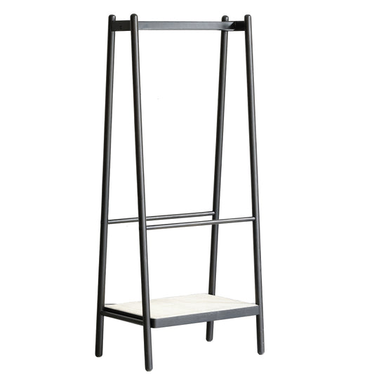Boho Solid Oak Garment Rack for Entryway, Rattan Shelves